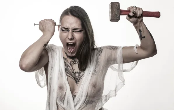 Girl, mood, hammer, nail