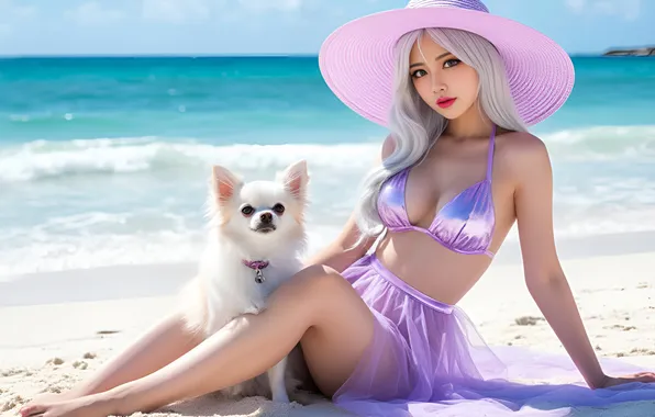 Sea, swimsuit, girl, dog, hat