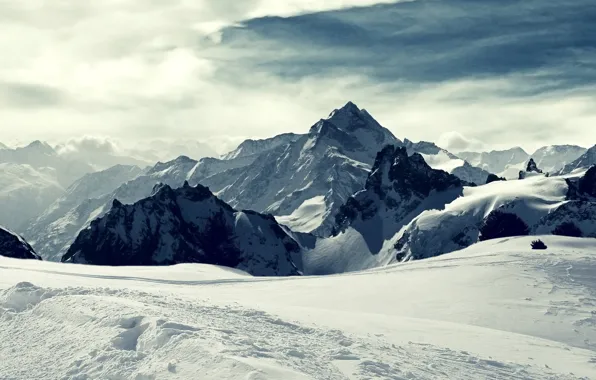The sky, clouds, snow, mountains, nature, rocks