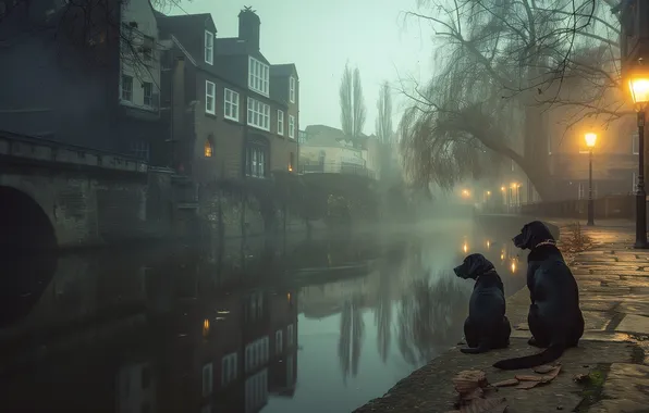 Dogs, water, light, branches, the city, fog, reflection, tree