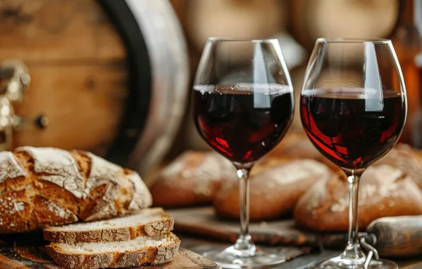 Table, wine, glasses, bread, pieces, barrel, cutting, barrel