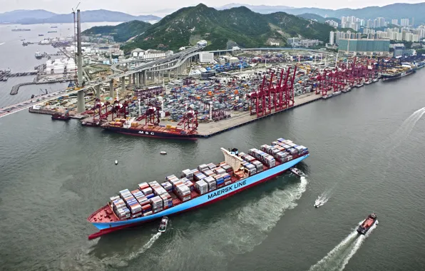 Port, Top, The ship, Line, Cargo, A container ship, Terminal, Container