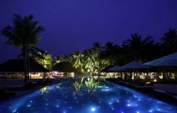 Night, tropics, pool, houses, the Maldives, pool, sunbeds, Palma.