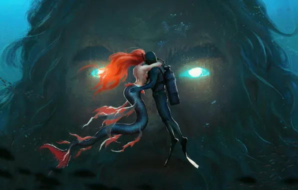 Picture scuba diver, mermaid, the diver, under water, sea king, red hair, poseidon, glowing eyes