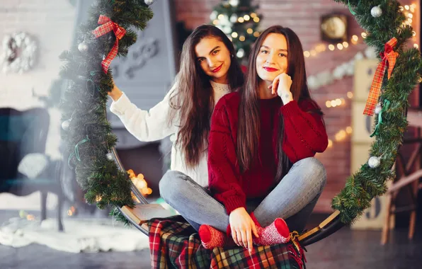 Joy, girls, swing, room, Christmas, New year, Duo, two girls