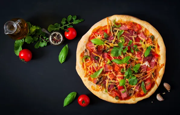 Greens, pizza, tomato