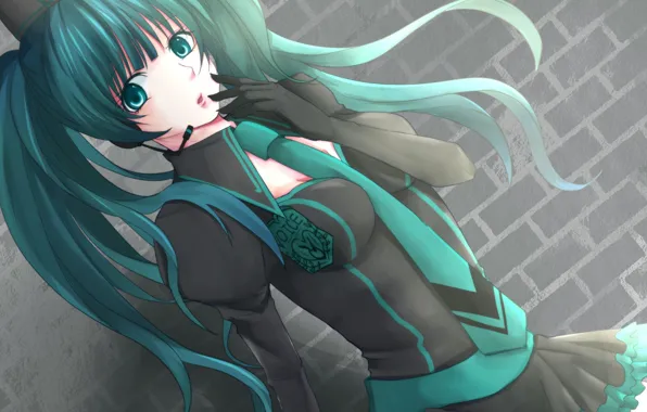 Tie, gloves, microphone, emblem, vocaloid, Hatsune Miku, long hair, Vocaloid