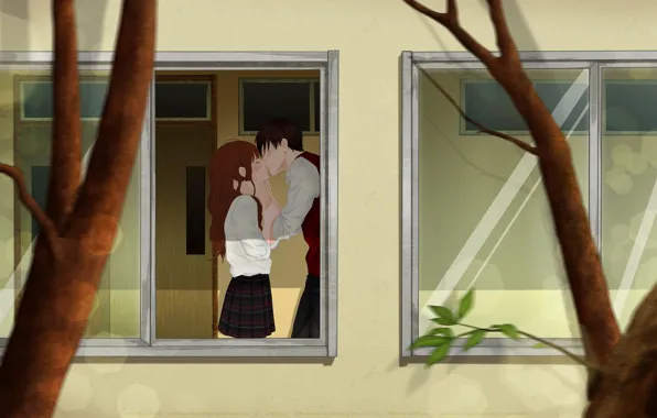Girl, trees, kiss, anime, window, art, pair, form