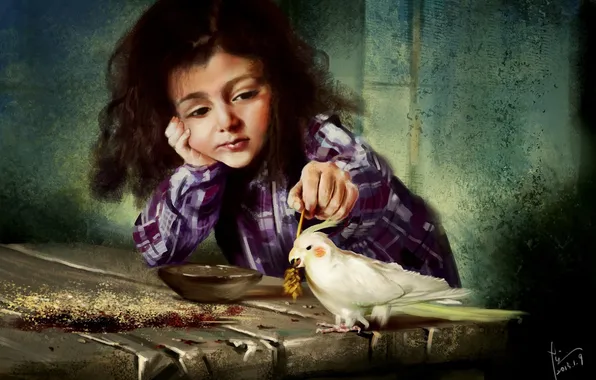 Picture table, bird, the game, art, parrot, girl, spike, bowl