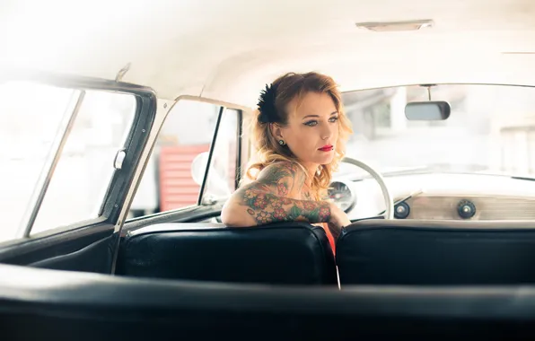 Picture eyes, woman, interior, hands, lips, car, tattoo, solar