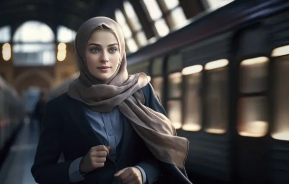 Girl, Look, Train, Station, Digital art, AI art, The Art of Artificial Intelligence, Neural network