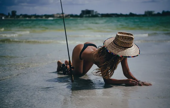 Sand, sea, swimsuit, girl, the sun, pose, shore, fishing