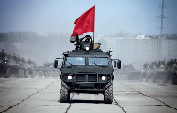 Picture Tiger, flag, May 9, GAZ-233014, Alabino, rehearsal, victory parade