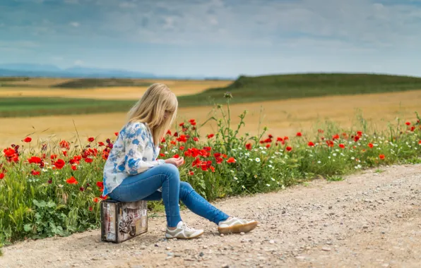 Road, field, flowers, Mac, blonde, space, space, suitcase
