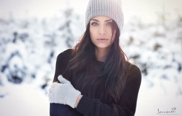 Picture winter, look, snow, background, model, hat, portrait, makeup