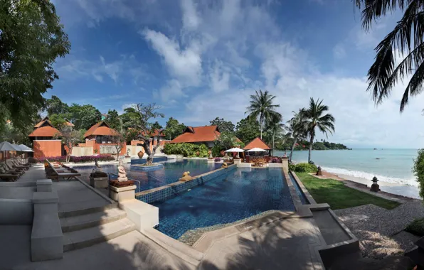 Beach, palm trees, the ocean, pool, Thailand, resort, Rayong