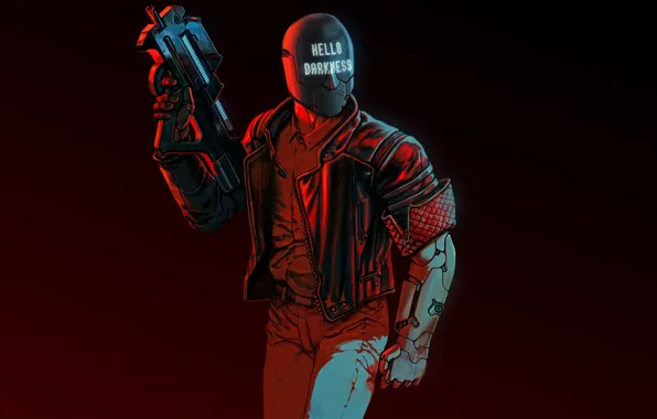 Weapons, background, art, helmet, cyberpunk, character, shooter, 2017