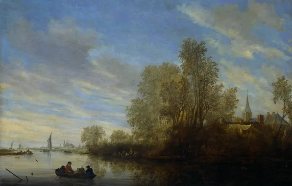 Picture landscape, oil, picture, canvas, River view in Deventer, Salomon van Ruisdael