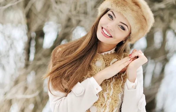 Winter, snow, trees, smile, background, hat, portrait, makeup