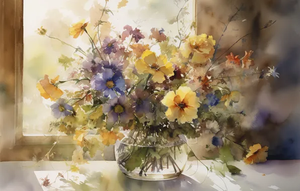Flowers, bouquet, picture, vase, painting, imitation painting, AI art, neural network