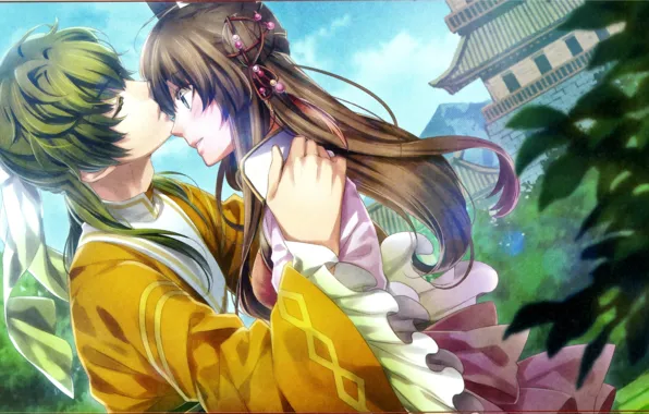 Foliage, temple, blush, canoe, hair ornaments, almost kiss, chouun, jyuzaengi engetsu sangokugen