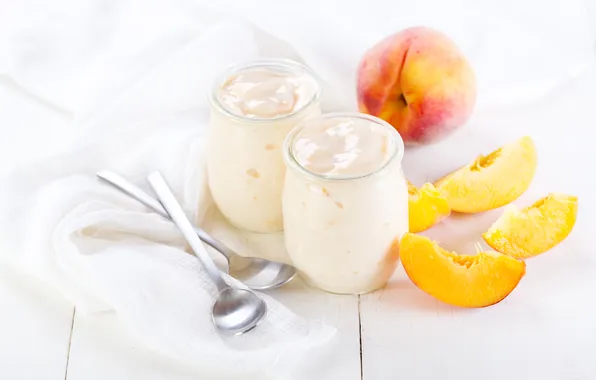 Picture peaches, spoon, yogurt