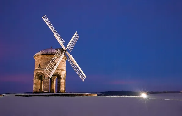 Field, snow, landscape, night, mill