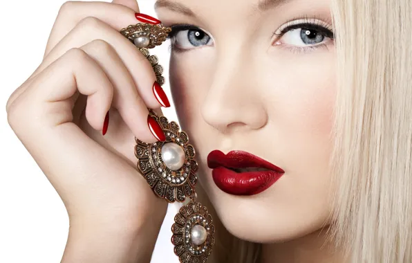 Girl, eyelashes, model, makeup, blonde, white background, pearl, decoration