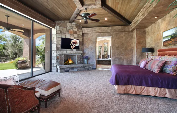 Wallpaper interior, mansion, bed, fireplace, interior, design, bedroom