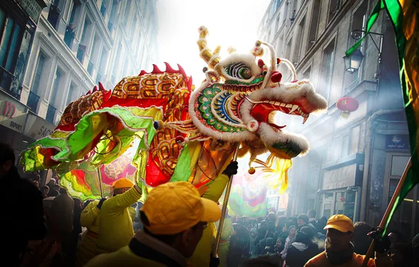 People, street, dragon, China, Chinese New Year