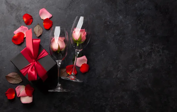 Love, flowers, gift, romance, roses, petals, glasses, love