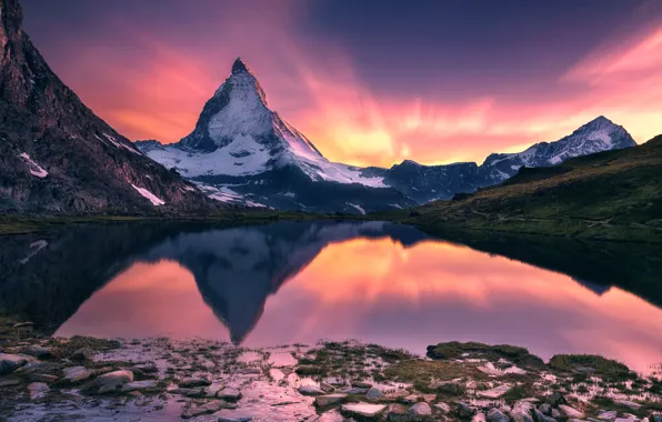 Picture mountains, lake, reflection, Matterhorn