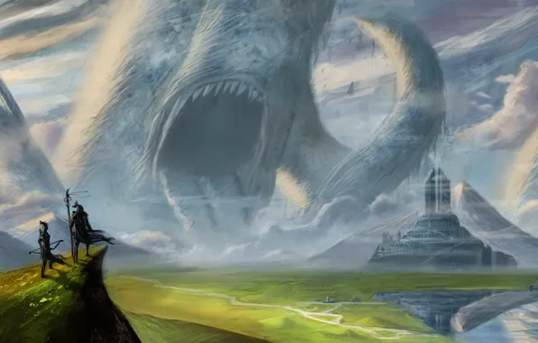 Mountains, the city, tower, monster