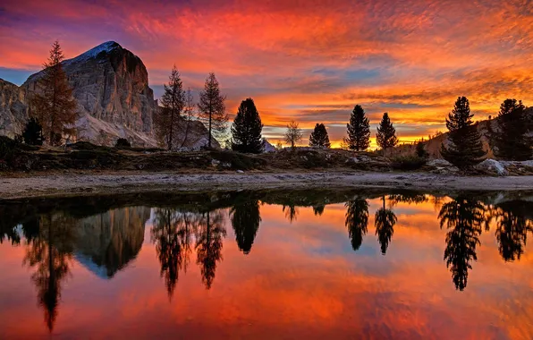 Forest, landscape, sunset, mountains, nature, lake, Italy