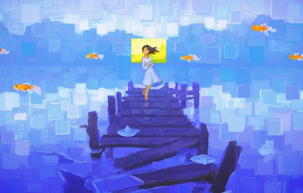 Water, girl, mood, fish, pier, art