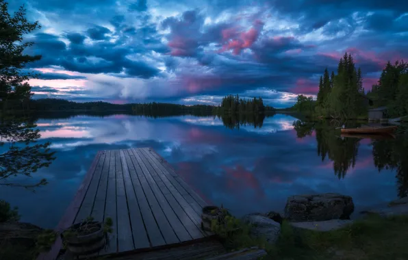 Picture forest, trees, lake, reflection, boat, the evening, Norway, bridges