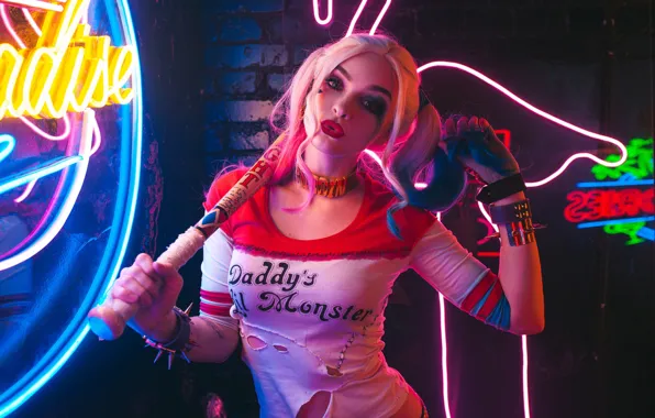 Girl, pose, neon, cosplay, baseball bat, Harley Quinn, Sergey Rodichkin