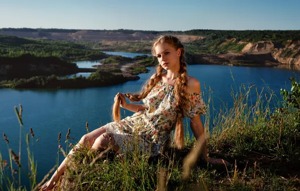 Girl, nature, pose, dress, braids, Sergei Timashev, Irina Shchukina