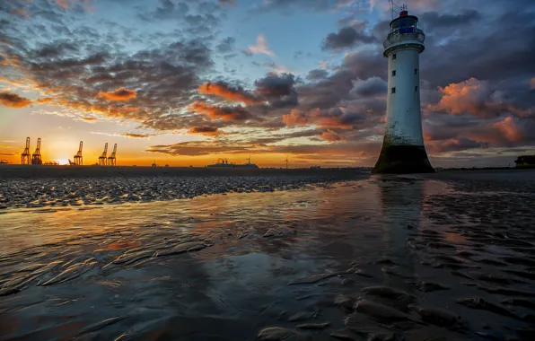 Sunset, lighthouse, Sunrise, ships, burst of colour