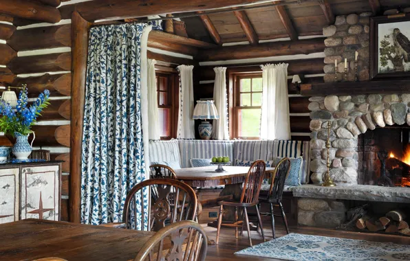 Retro, interior, fireplace, dining room, country house, Tapawingo Lake Camp