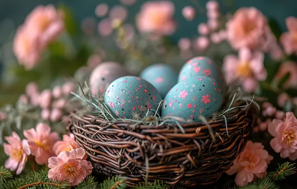 Flowers, eggs, spring, colorful, Easter, happy, flowers, spring