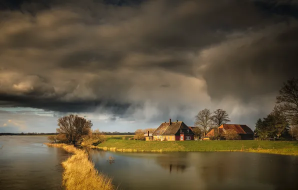 The storm, autumn, grass, light, trees, clouds, lake, river