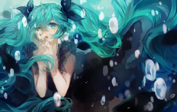 Girl, bubbles, anime, art, vocaloid, hatsune miku, under water, bows