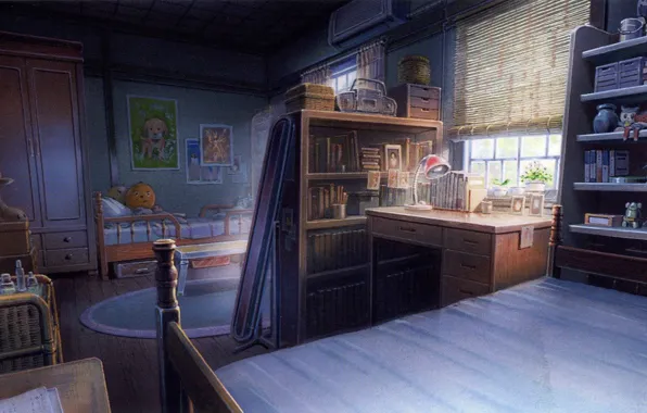 Table, room, toys, books, lamp, bed, window, wardrobe