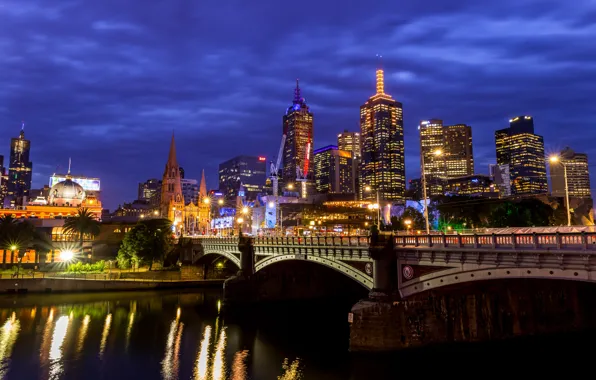 Picture bridge, lights, river, the evening, Australia, Melbourne