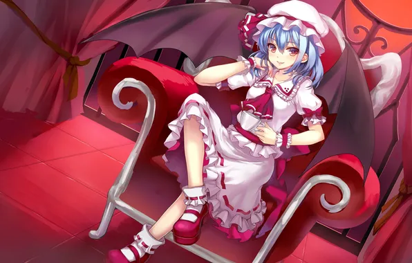 Picture look, girl, smile, wings, the demon, sitting, touhou, remilia scarlet