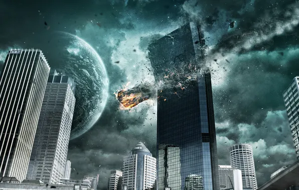 The city, planet, asteroid, destruction, meteorite