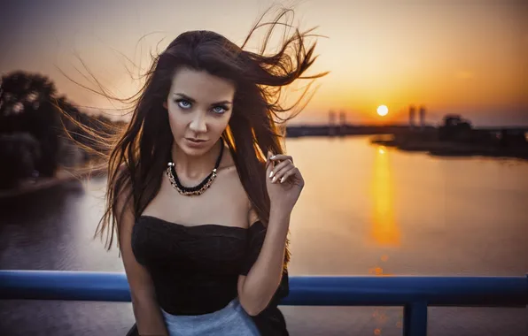 Picture look, sunset, river, the wind, hair