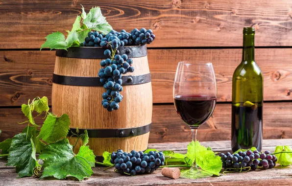 Leaves, wine, red, glass, bottle, grapes, vine, barrel
