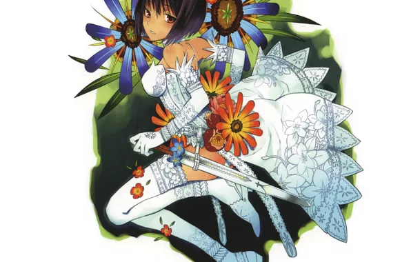 Haircut, sword, girl, corset, white dress, brown eyes, white stockings, gloves elbow